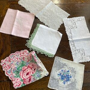 6 vintage/antique handkerchiefs, various sizes, designs.